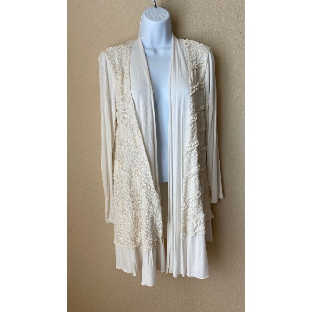K. Jordan Long Open Front Cardigan Size: S Lace Sequin Cream Romantic Bohemian